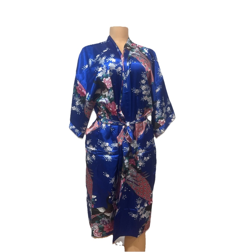 Singapore Silk Collection Japanese Geisha Blue Kimono Satin OSFM